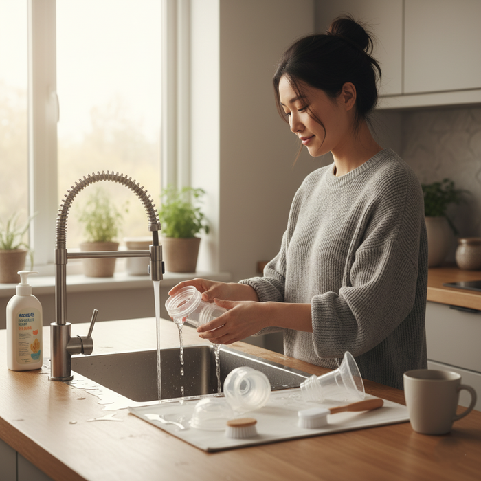 Mother combination-feeding baby (breast + bottle) in a calm, supportive home environment
