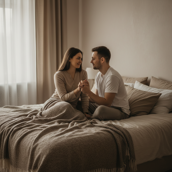 New mother sitting by a window holding with soft daylight, expressing mixed emotions of tenderness and vulnerability