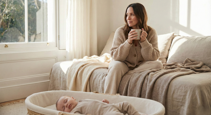 Tired but loving mother sitting on the couch holding her baby while looking thoughtful, soft natural daylight, emotional yet warm atmosphere
