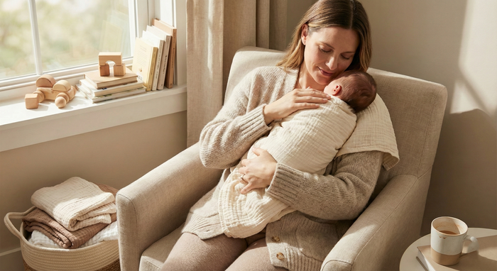 Mother holding her newborn during a calm daytime routine with feeding, cuddles and soft daylight in a cozy home