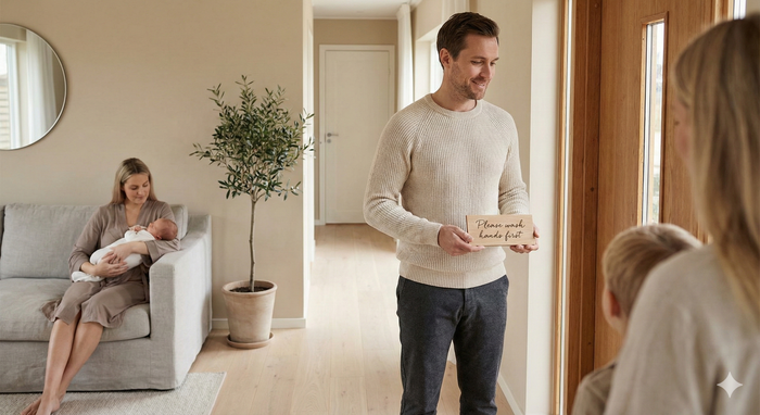 New mother holding her newborn while kindly setting boundaries with visiting family, warm home environment.