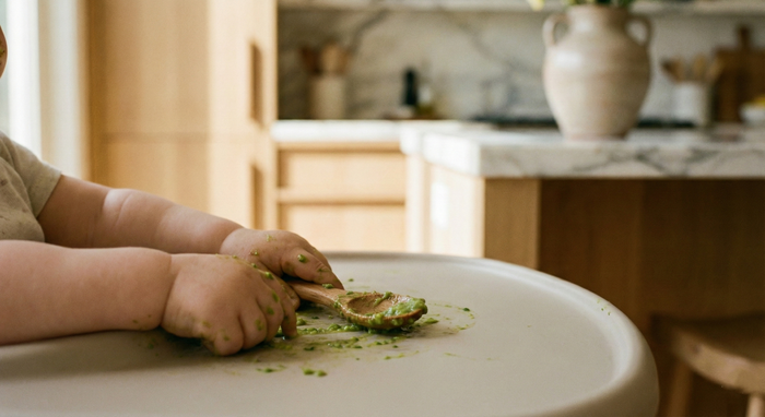 Baby sitting in a high chair exploring soft solid foods with hands and spoon in a bright, calm kitchen setting