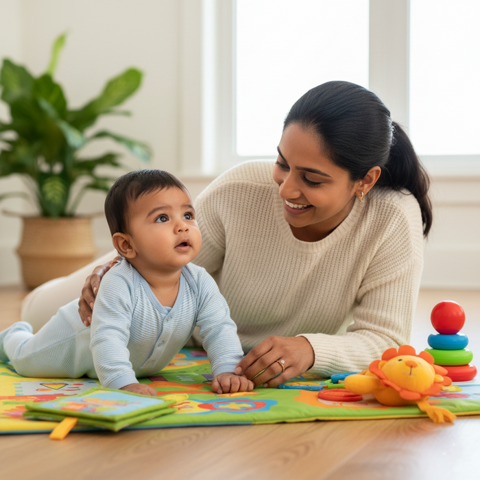 Mother playing with her 3–4 month old baby on a soft play mat, encouraging eye contact and movement in a calm neutral nursery