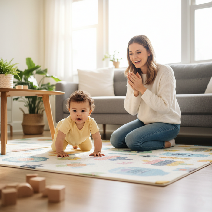 Mother sitting on the floor encouraging her 9–10 month old baby to crawl toward her with toys in a warm, bright living room