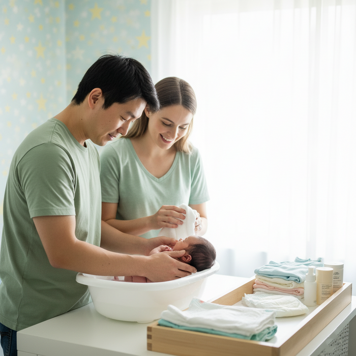 Mother gently holding her newborn in a safe, calm home environment with soft natural light and baby essentials nearby