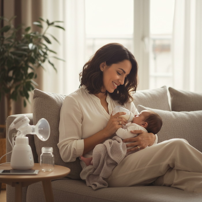 Mother bottle-feeding baby with calm, nurturing posture soft home setting