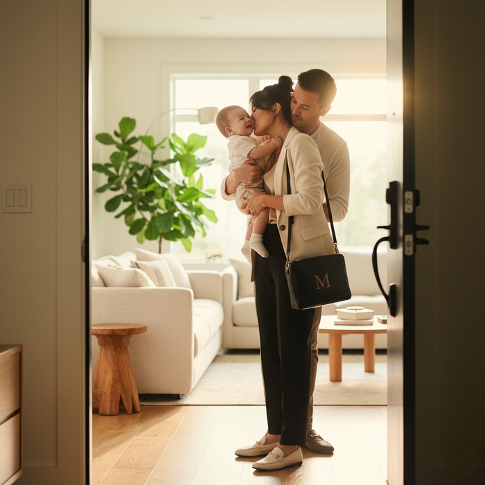 New mother sitting at a desk with a laptop while her baby sleeps nearby, soft daylight, calm but emotional atmosphere, modern home workspace