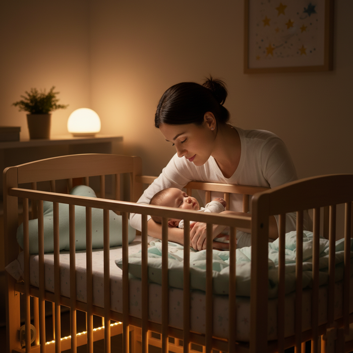 Mother gently rocking her overtired baby to sleep at night in a softly lit bedroom, creating a calm and connected bedtime moment